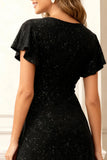 Glitter Black A Line Round Neck Ruffled Holiday Party Dress
