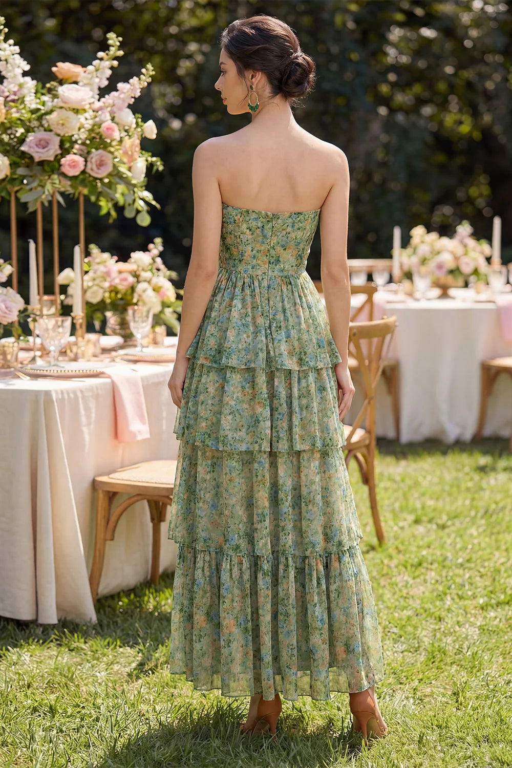 A Line Strapless Dusty Green Floral Wedding Guest Dress with Slit