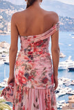 One Shoulder Pink Red Flower Ruched Wedding Guest Dress