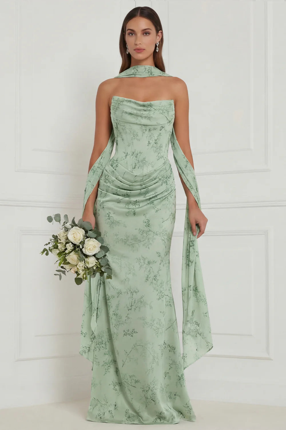 Strapless Floral Dusty Sage Bridesmaid Dress with Scarf
