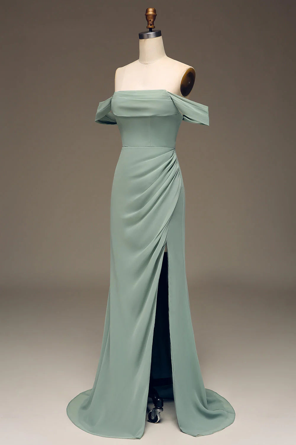 Dusty Sage Sheath Off the Shoulder Pleated Long Chiffon Bridesmaid Dress With Slit