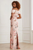 Off The Shoulder Sheath Blush Floral Print Long Satin Wedding Guest Dress with Back Slit