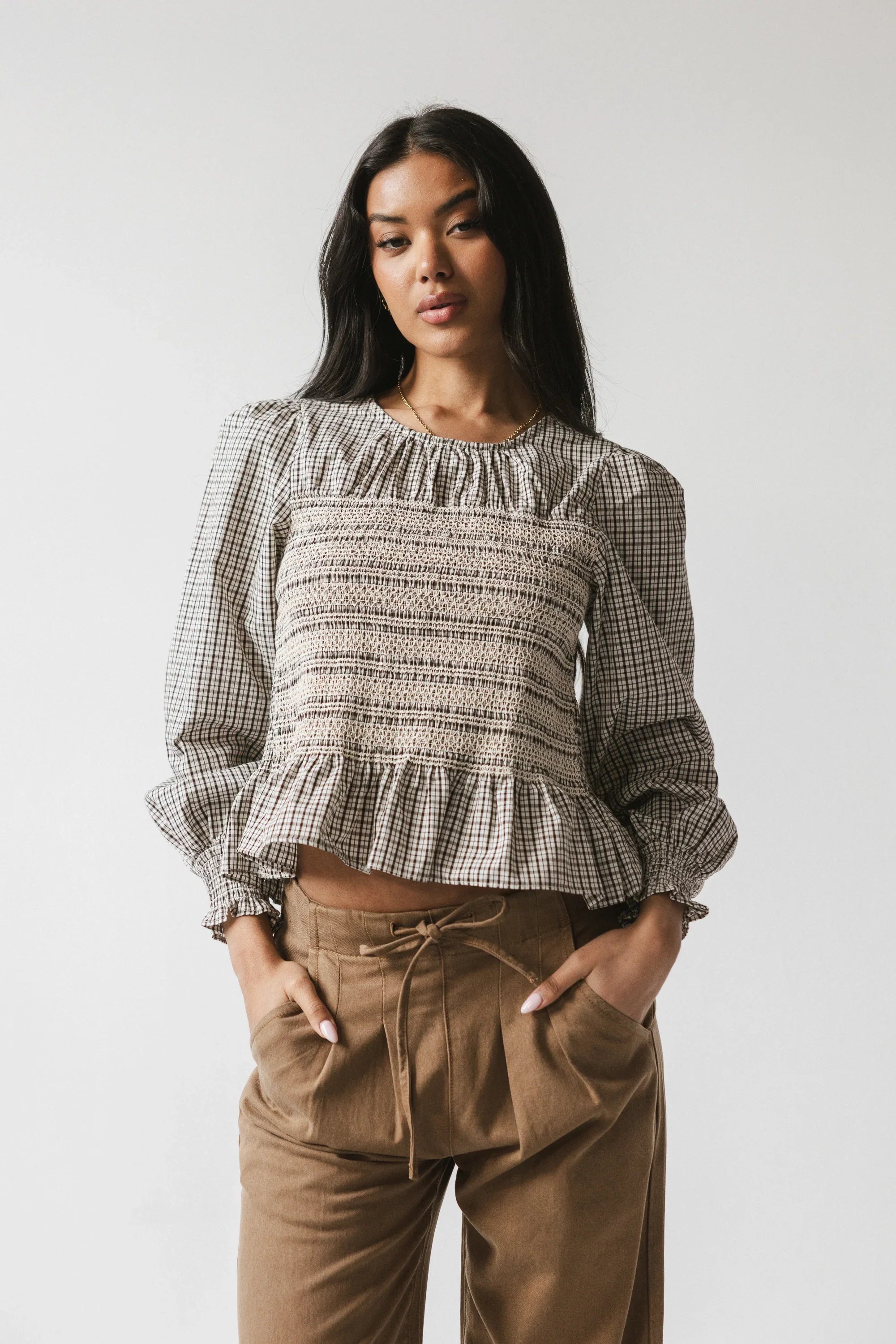 Kesley Smocked Blouse in Brown