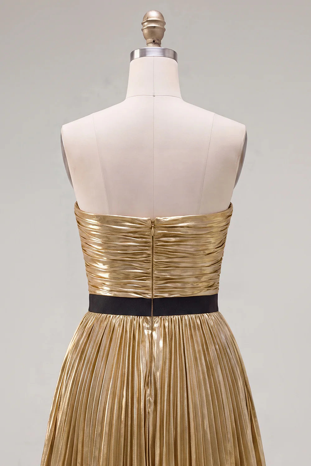 Metallic Golden Pleated A Line Strapless Homecoming Dress