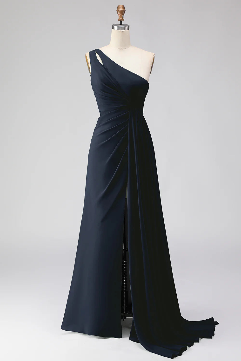 Sage Green One Shoulder A Line Chiffon Long Bridesmaid Dress with Slit