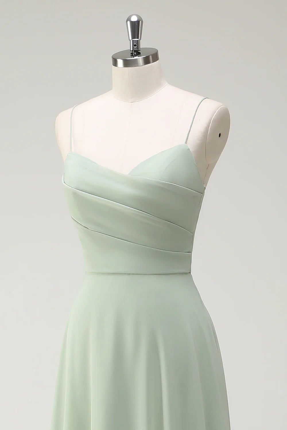 Dusty Sage A Line Spaghetti Straps Chiffon Pleated Long Bridesmaid Dress