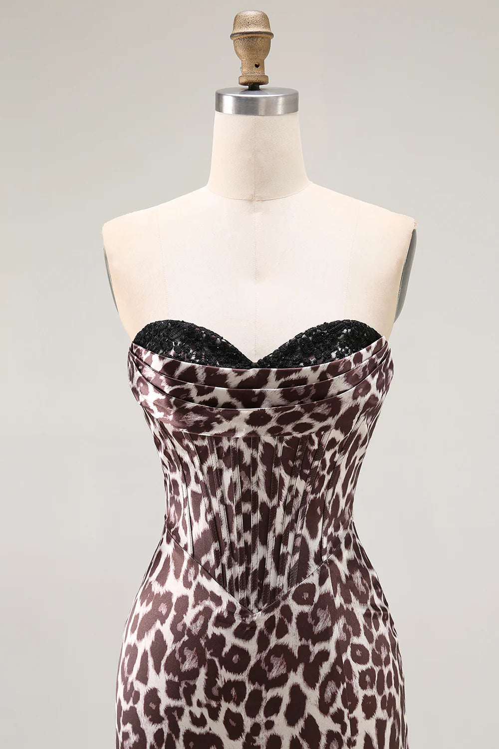 Sweetheart Mermaid Coffee Leopard Corset Long Prom Dress with Slit