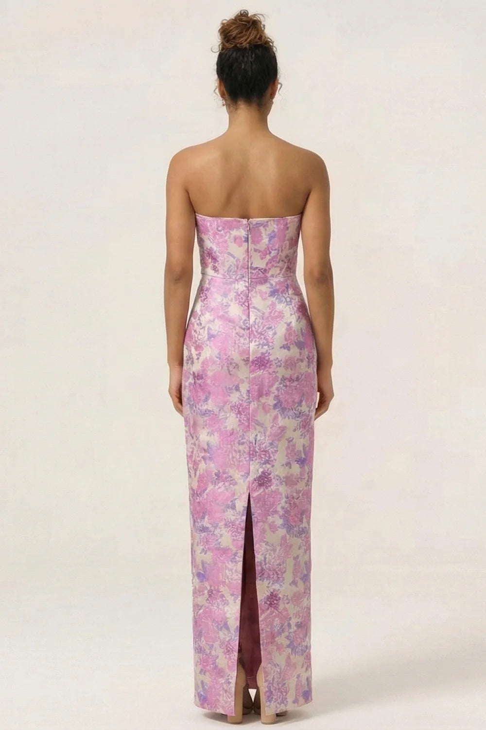 Blue Sheath Strapless White Floral Back Slit Satin Maxi Dress with Pockets