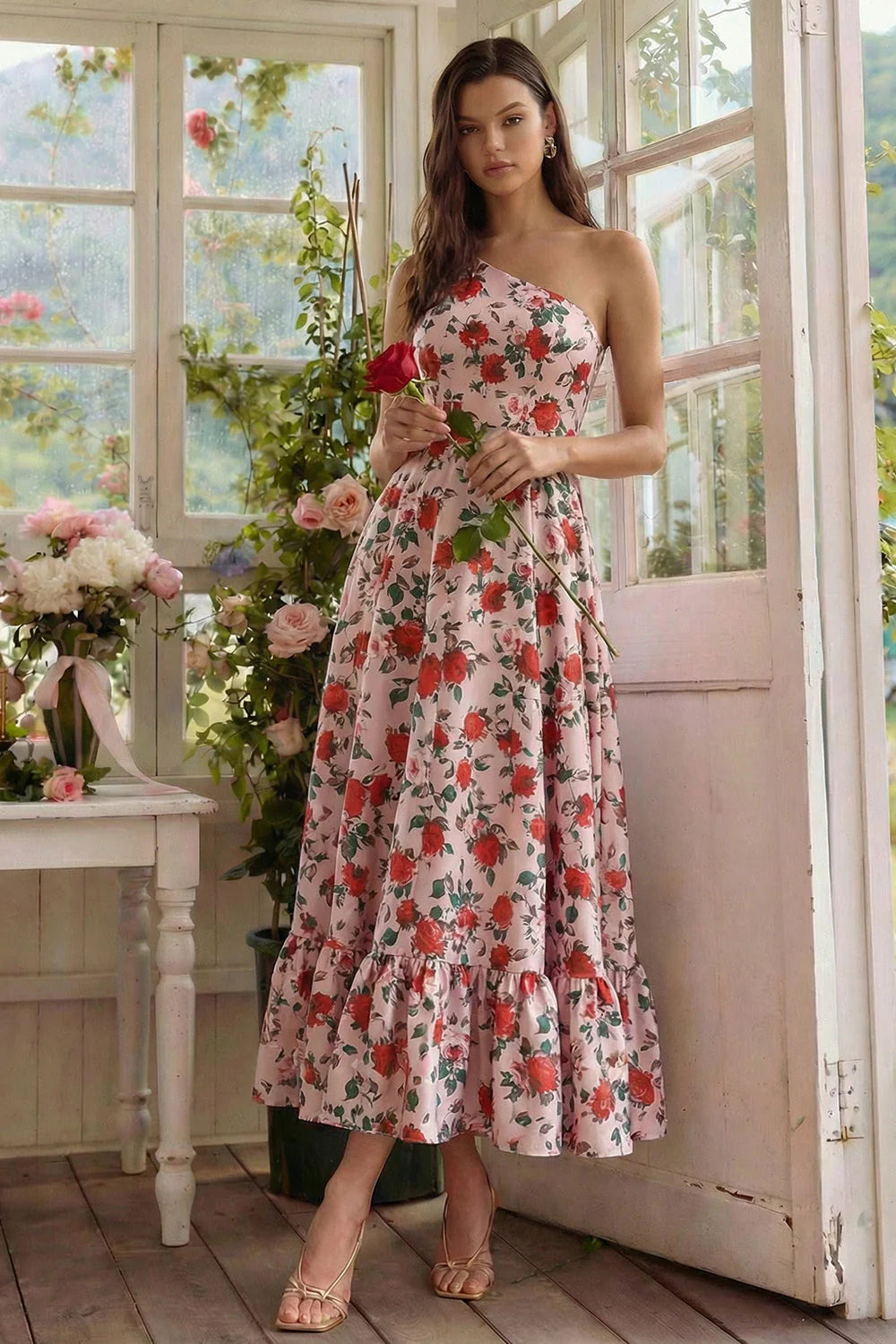 One Shoulder Pink A Line Floral Midi Wedding Guest Dress