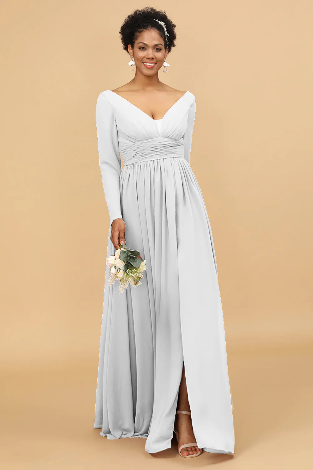 A Line V Neck Long Sleeves Chiffon Bridesmaid Dress with Slit