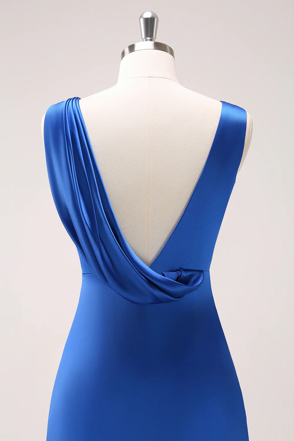 Ink Blue A Line V Neck Satin Ruched Long Bridesmaid Dress with Slit