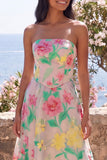 Daffodil Pink Flower A Line Strapless Wedding Guest Dress