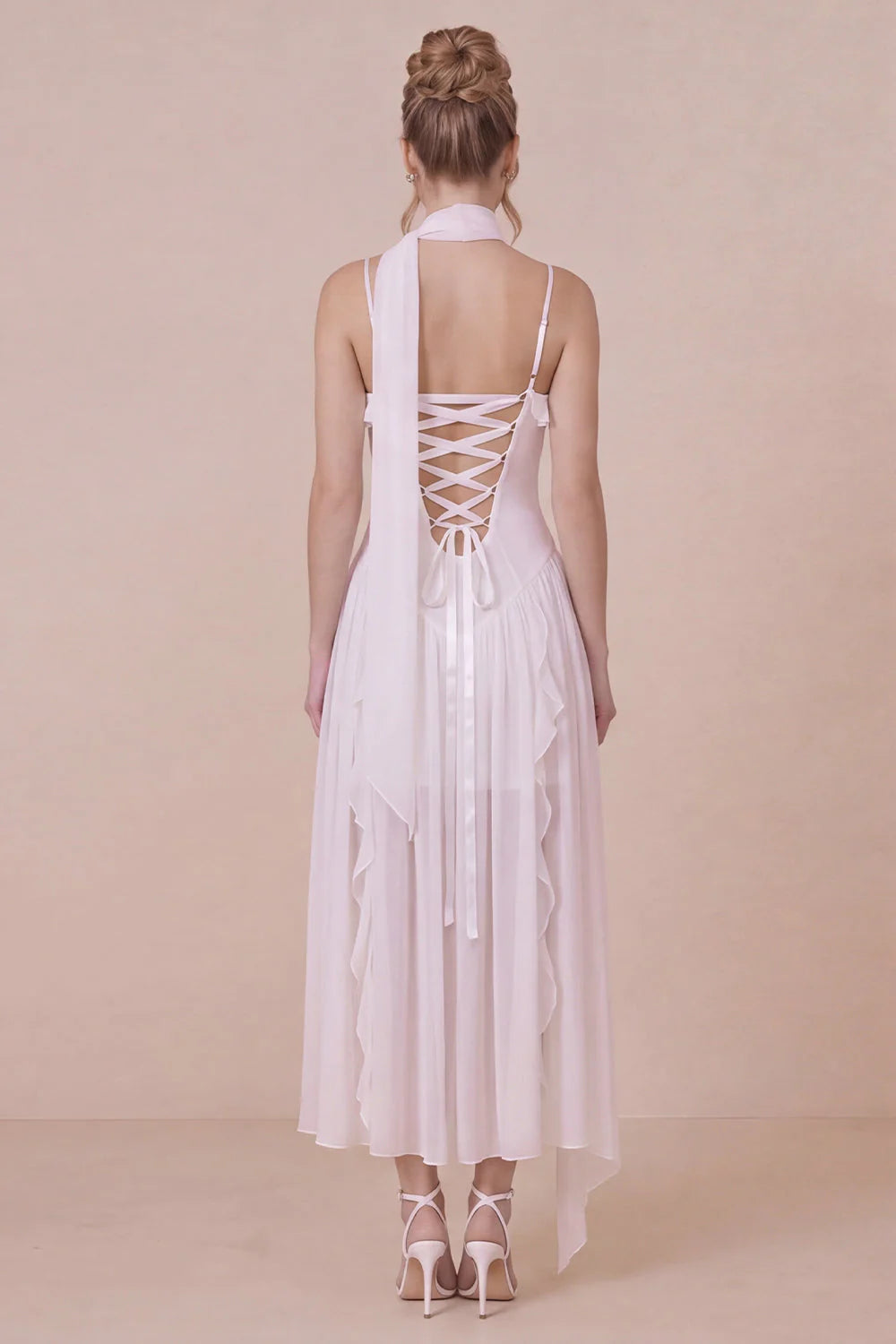 White Lace Ruffled Spaghetti Straps Engagement Dress with Scarf