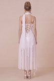 White Lace Ruffled Spaghetti Straps Engagement Dress with Scarf