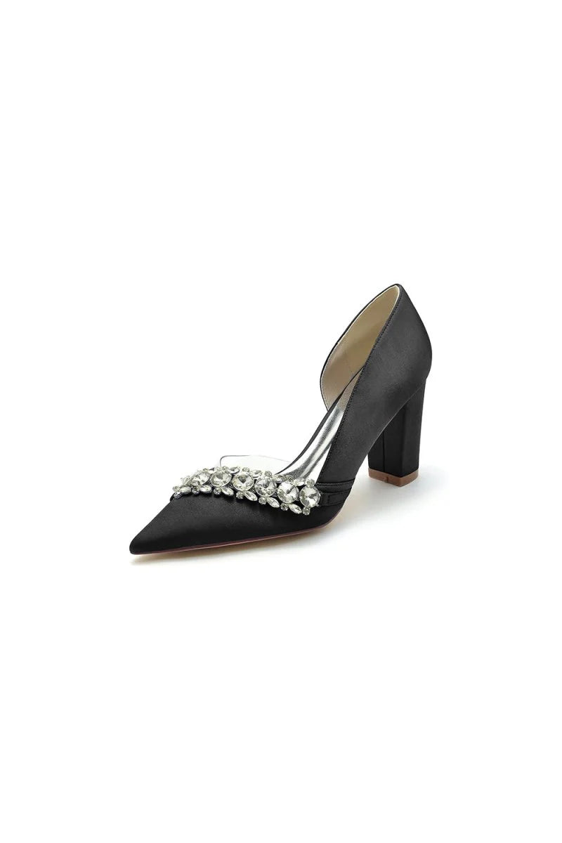 Chic Satin Pointed Toe Slip on Chunky Heels With Rhinestone