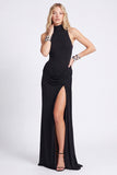 Black High Neck Sheath Ruched Formal Dress with Slit