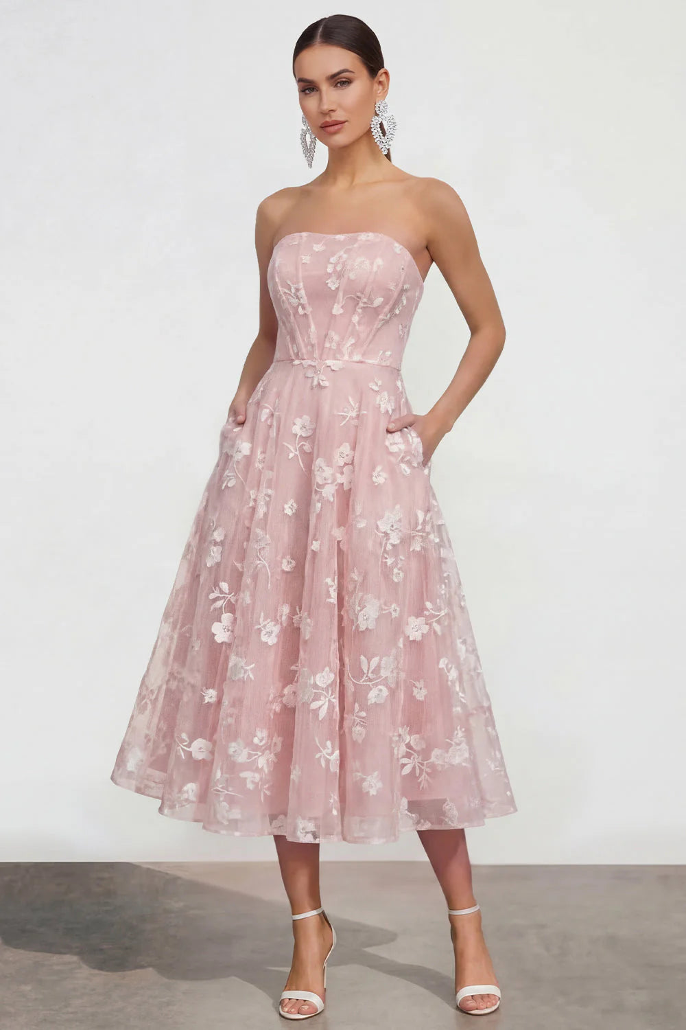 Strapless Floral Blue A Line Wedding Guest Dress