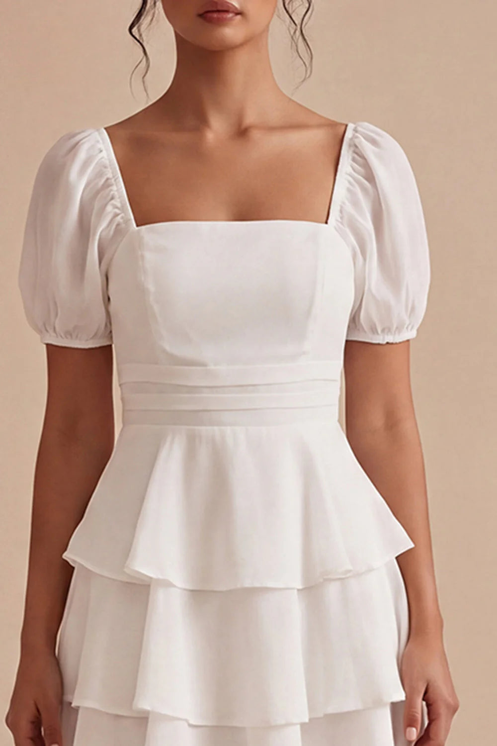 White A Line Tiered Ruffle Square Neck Mini Dress with Puff Sleeves