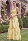 Yellow A Line Floral Bridesmaid Dress with Bow