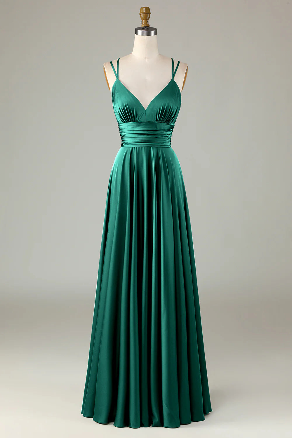 Eucalyptus A Line Spaghetti Straps Floor Length Satin Bridesmaid Dress