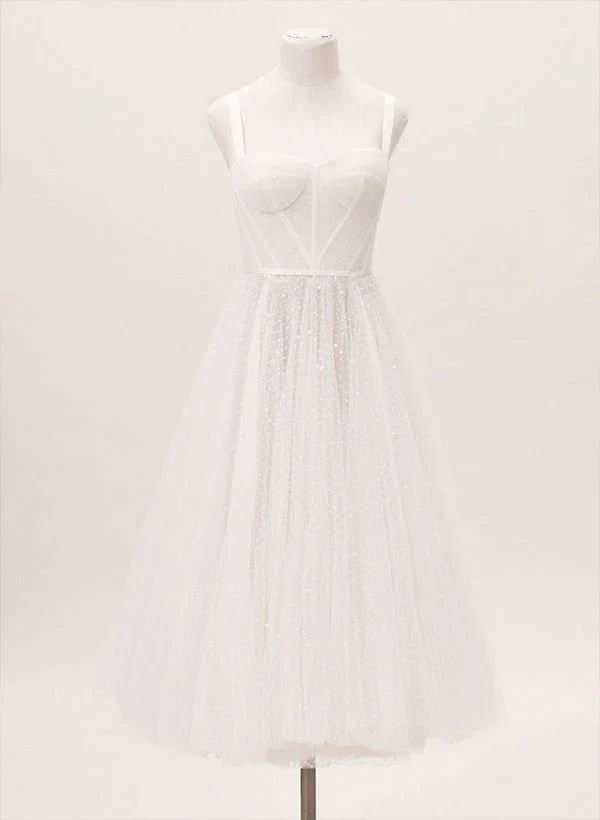 A Line Sweetheart Sleeveless Tulle Tea Length Wedding Dresses With Pleated