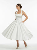 White A Line Halter Sleeveless Tea Length Satin Bridal Gowns With Bows Pleats
