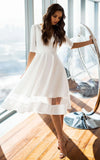 Modern Satin V neck A Line Tea length Wedding Dress