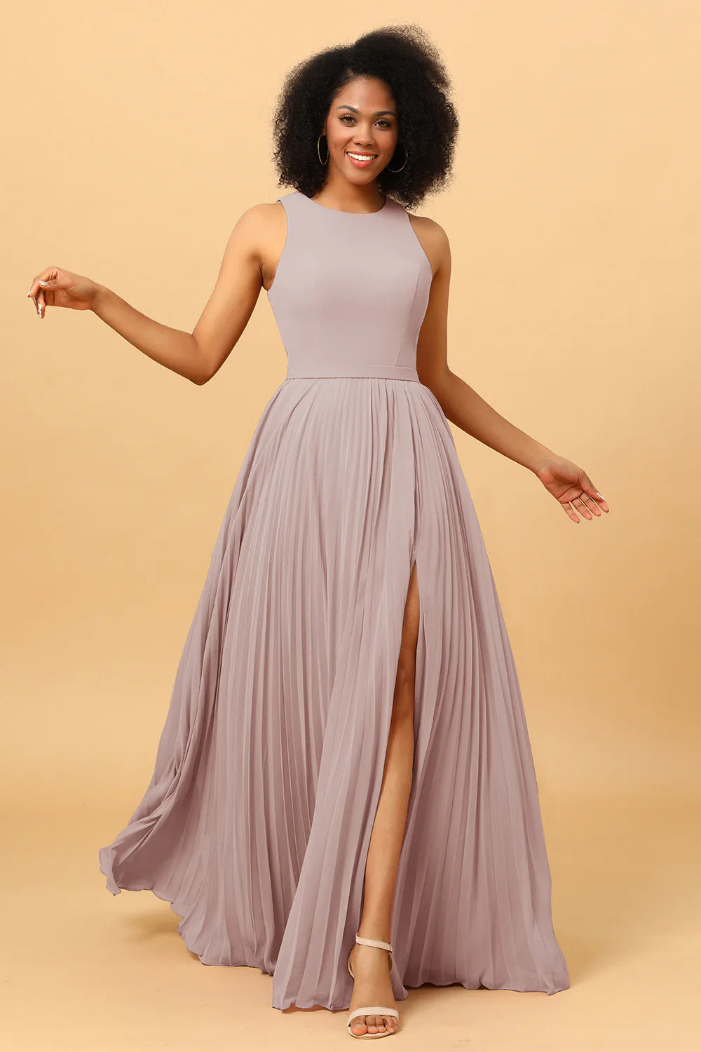 A Line Pleated Long Chiffon Bridesmaid Dress with Ruffles