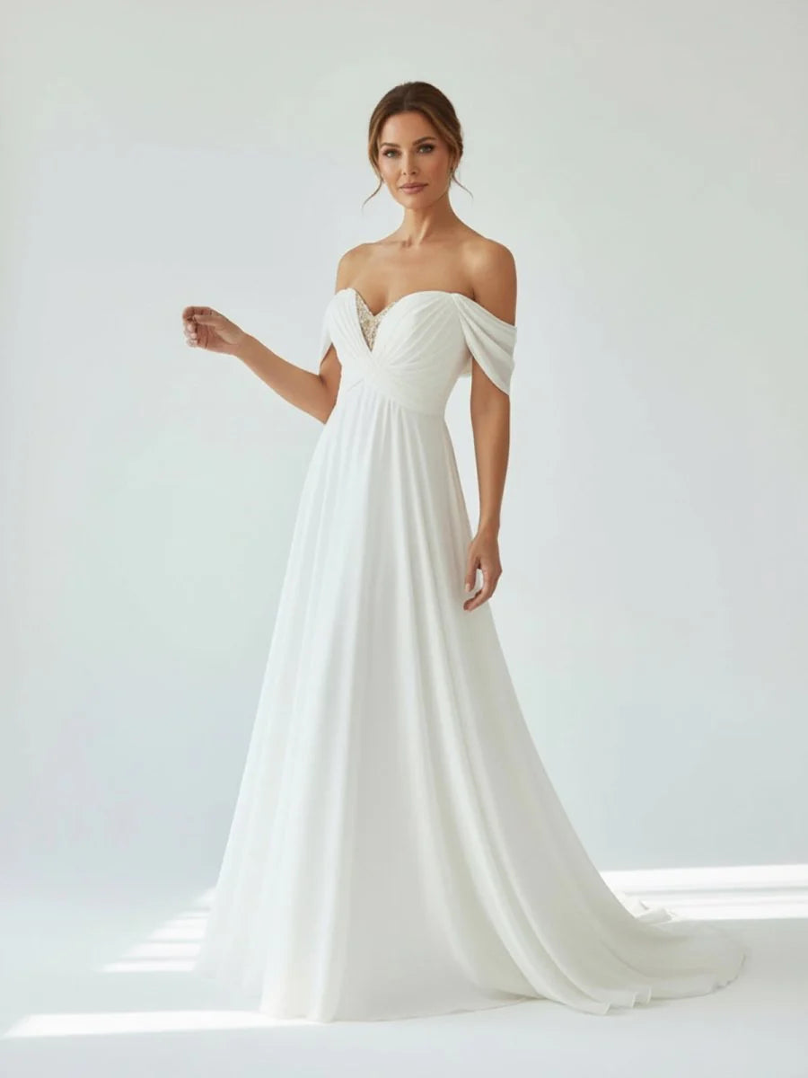 A Line Chiffon Sleeveless Off the Shoulder Wedding Dress with Ruching Floor Length