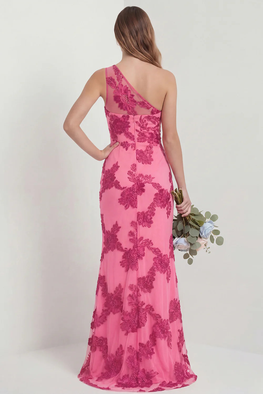 Hot Pink One Shoulder Embroidered Mermaid Long Bridesmaid Dress with Slit