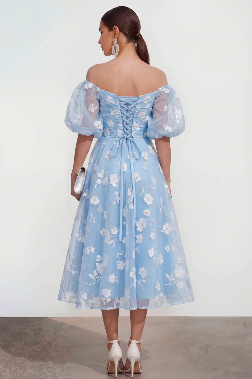 Off the Shoulder Floral Lilac Ruched A Line Wedding Guest Dress