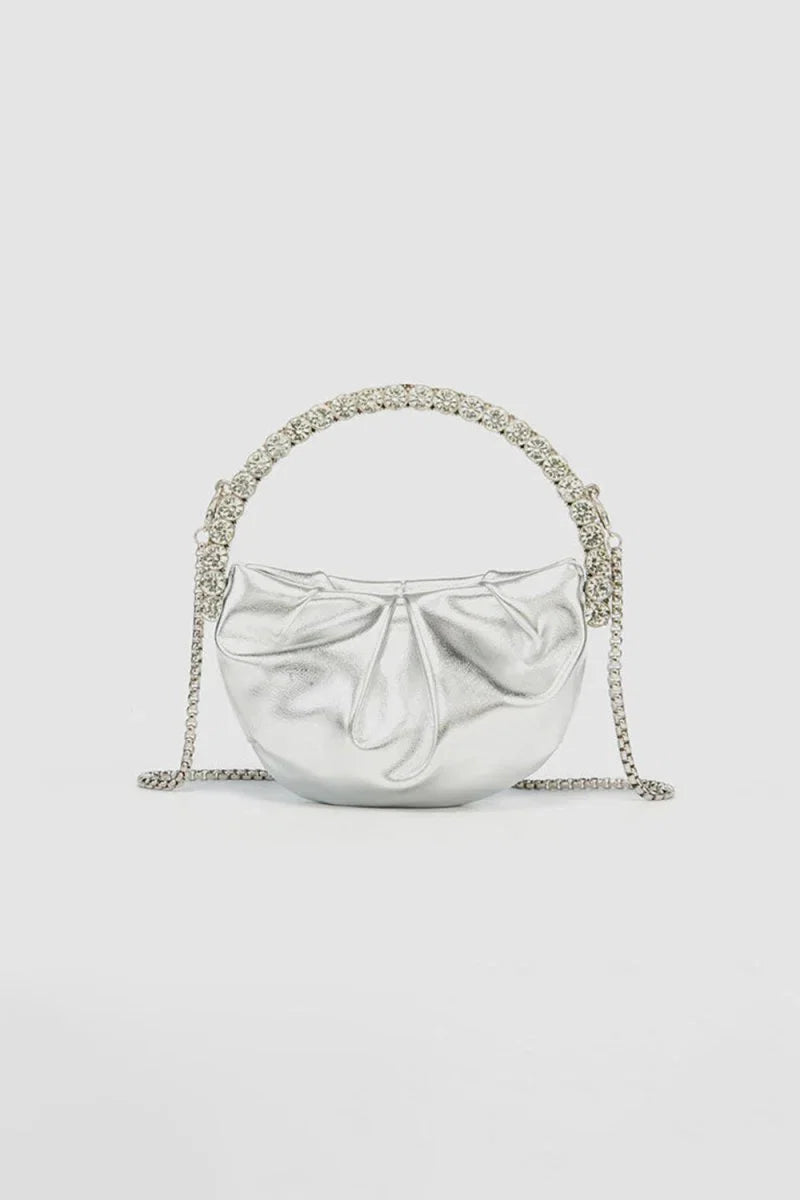 Womens Rhinestone Handle Metallic Slouchy Evening Clutch Bags