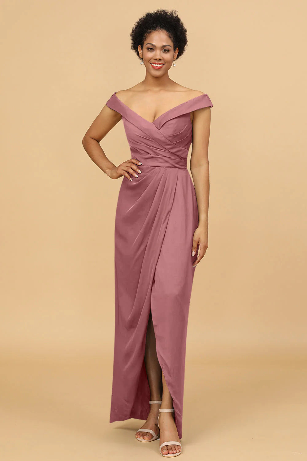Sheath Column Off The Shoulder Satin Long Bridesmaid Dress