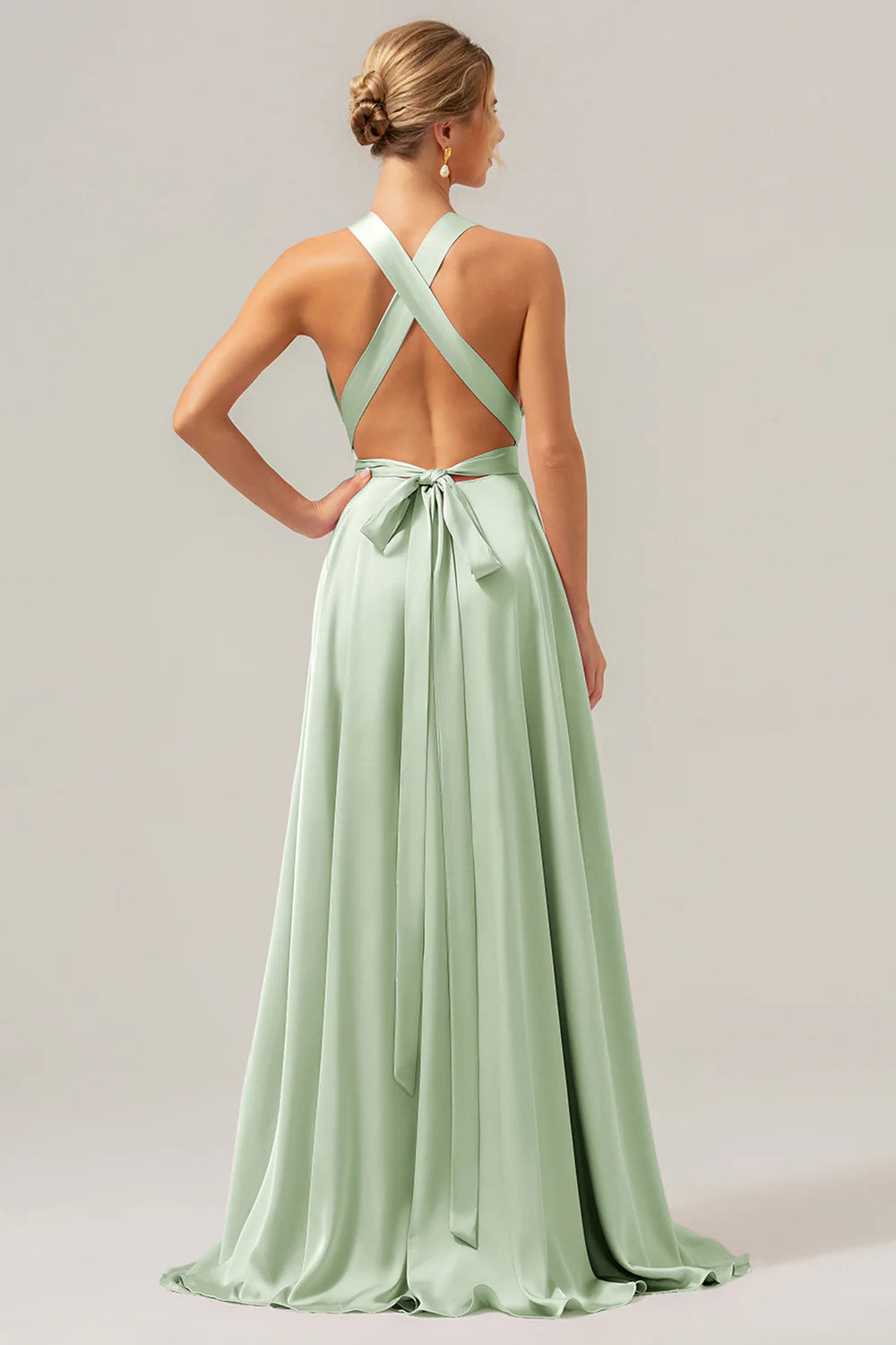Pink A Line Deep V Neck Lace Up Back Long Satin Bridesmaid Dress with Slit