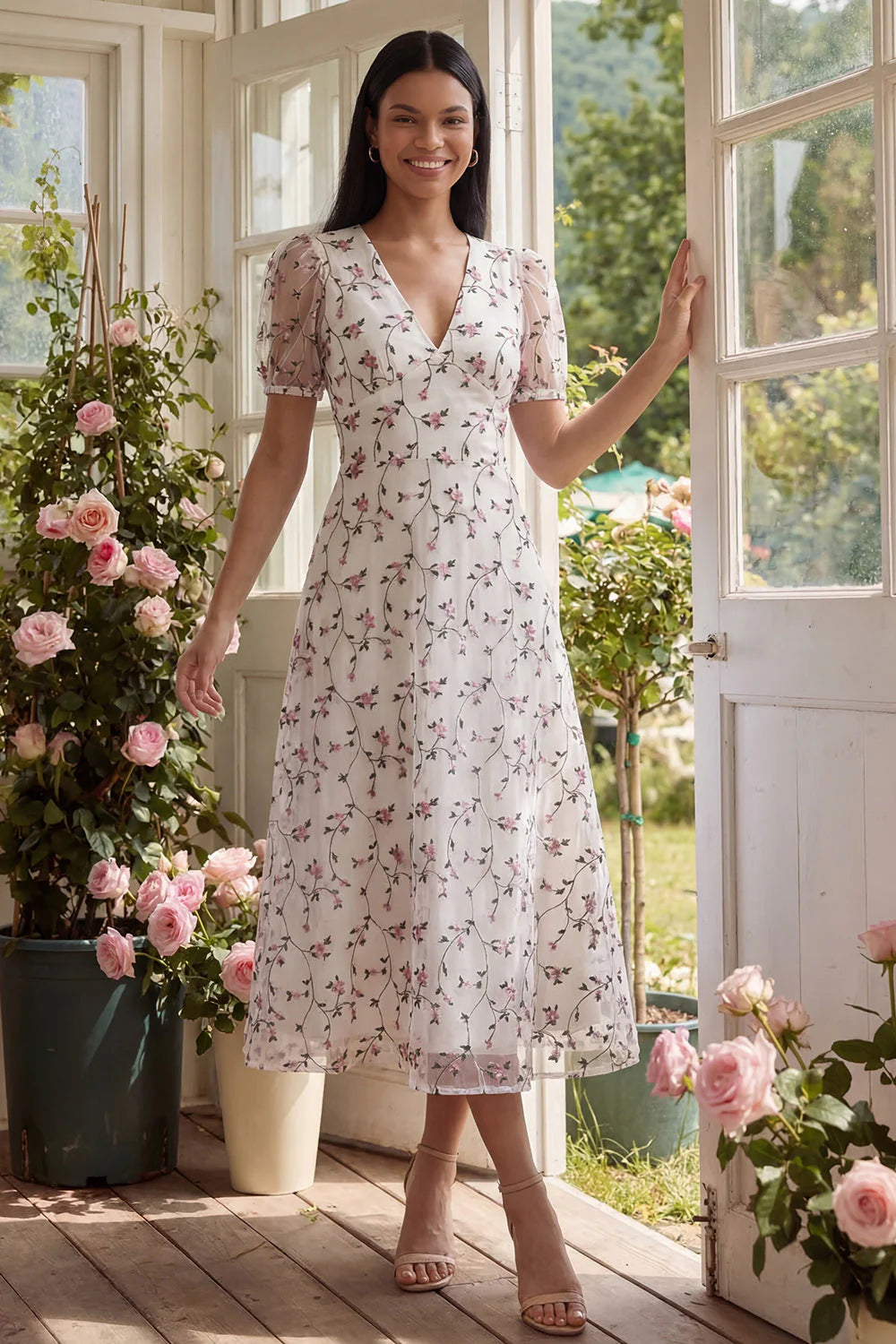 White Floral A Line Midi Wedding Guest Dress with Short Sleeves