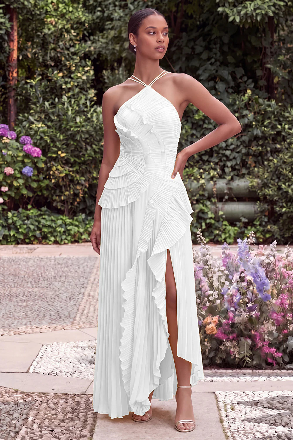 Lilac Halter A Line Pleated Ruffled Bridesmaid Dress with Slit