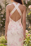 Halter Mermaid White Pink Floral Maxi Wedding Guest Dress