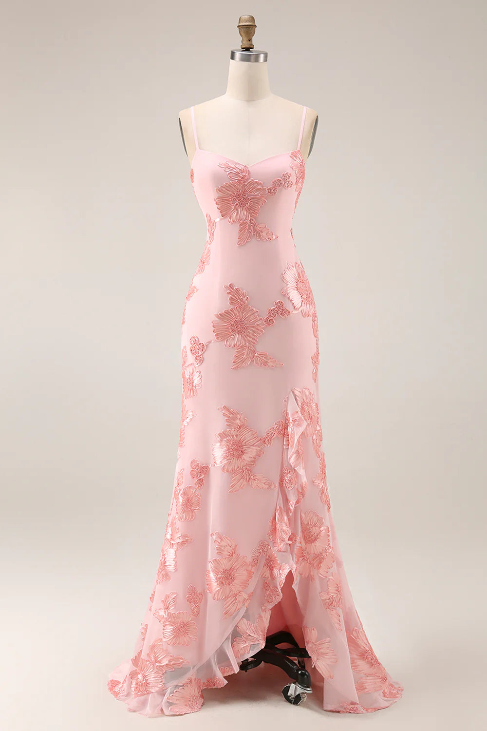 Blush Ruffled Appliqued Long Prom Dress with Slit