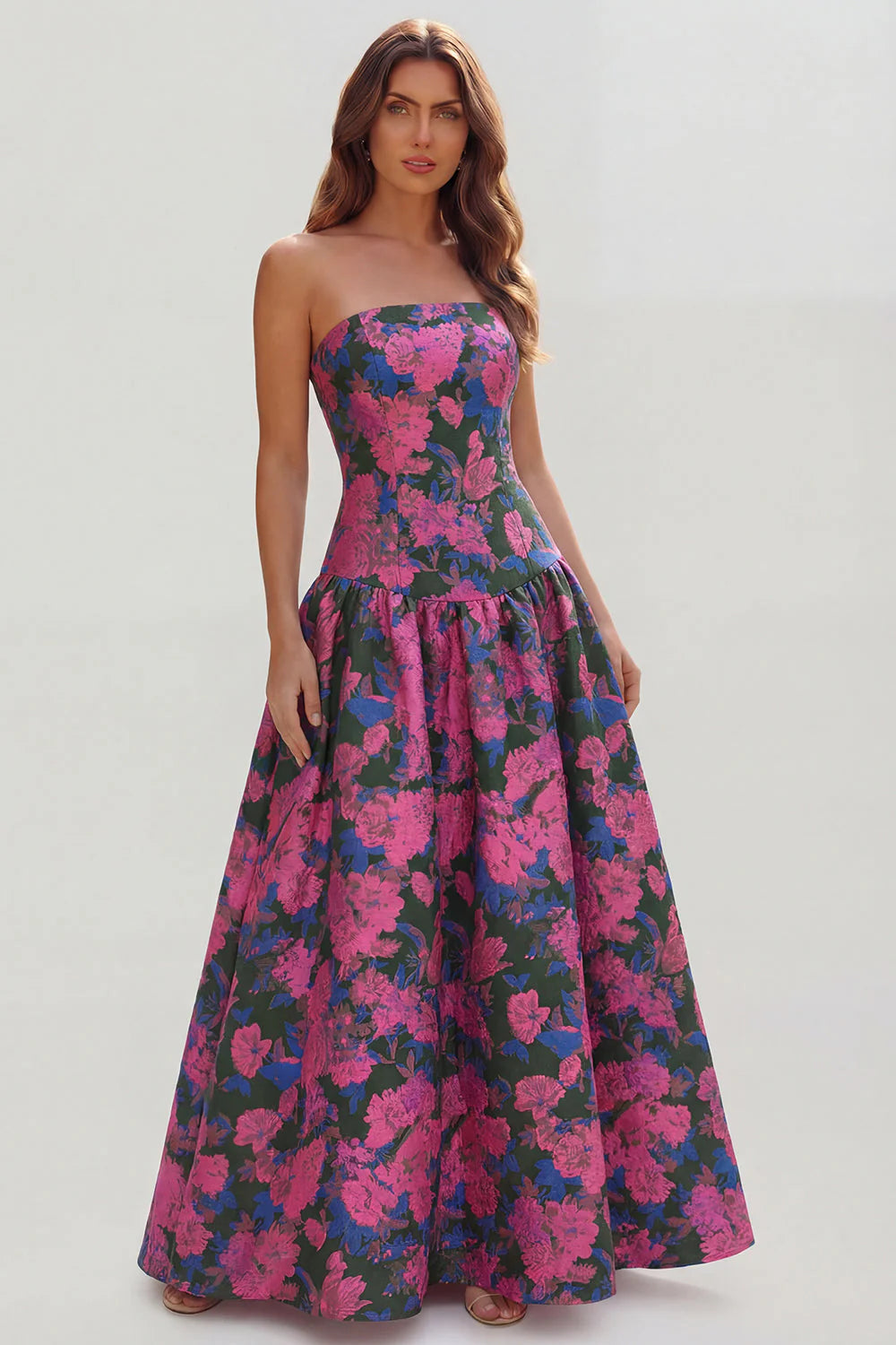 Blue White Flower Printed Strapless A Line Long Wedding Guest Dress