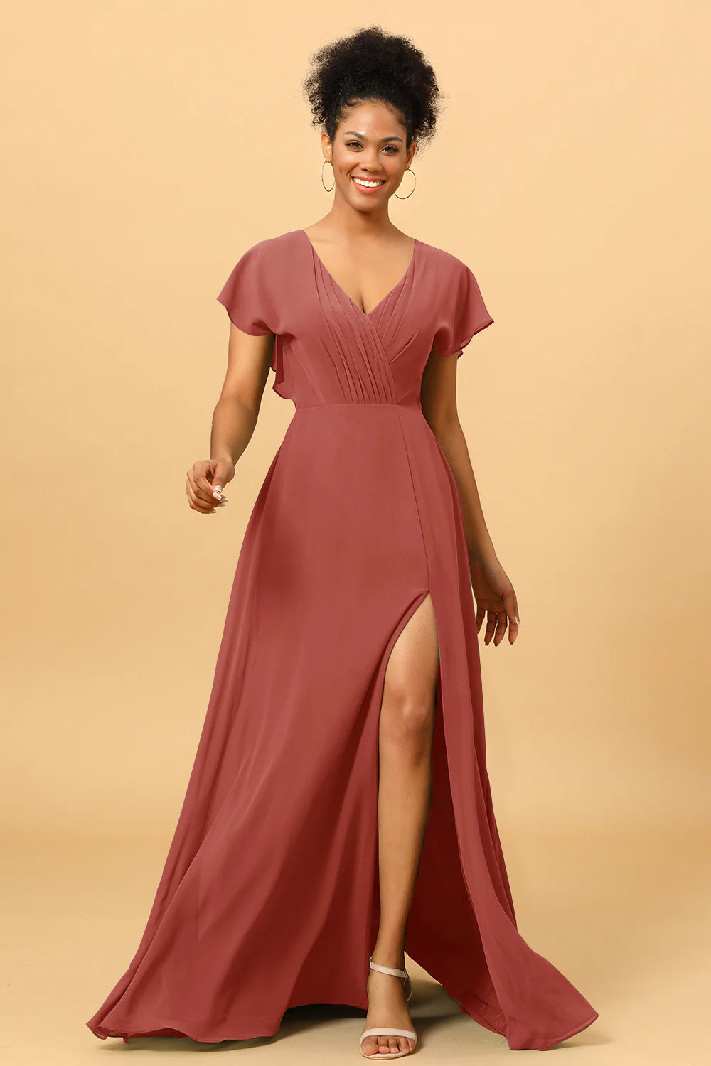 A Line V Neck Ruched Chiffon Bridesmaid Dress with Slit