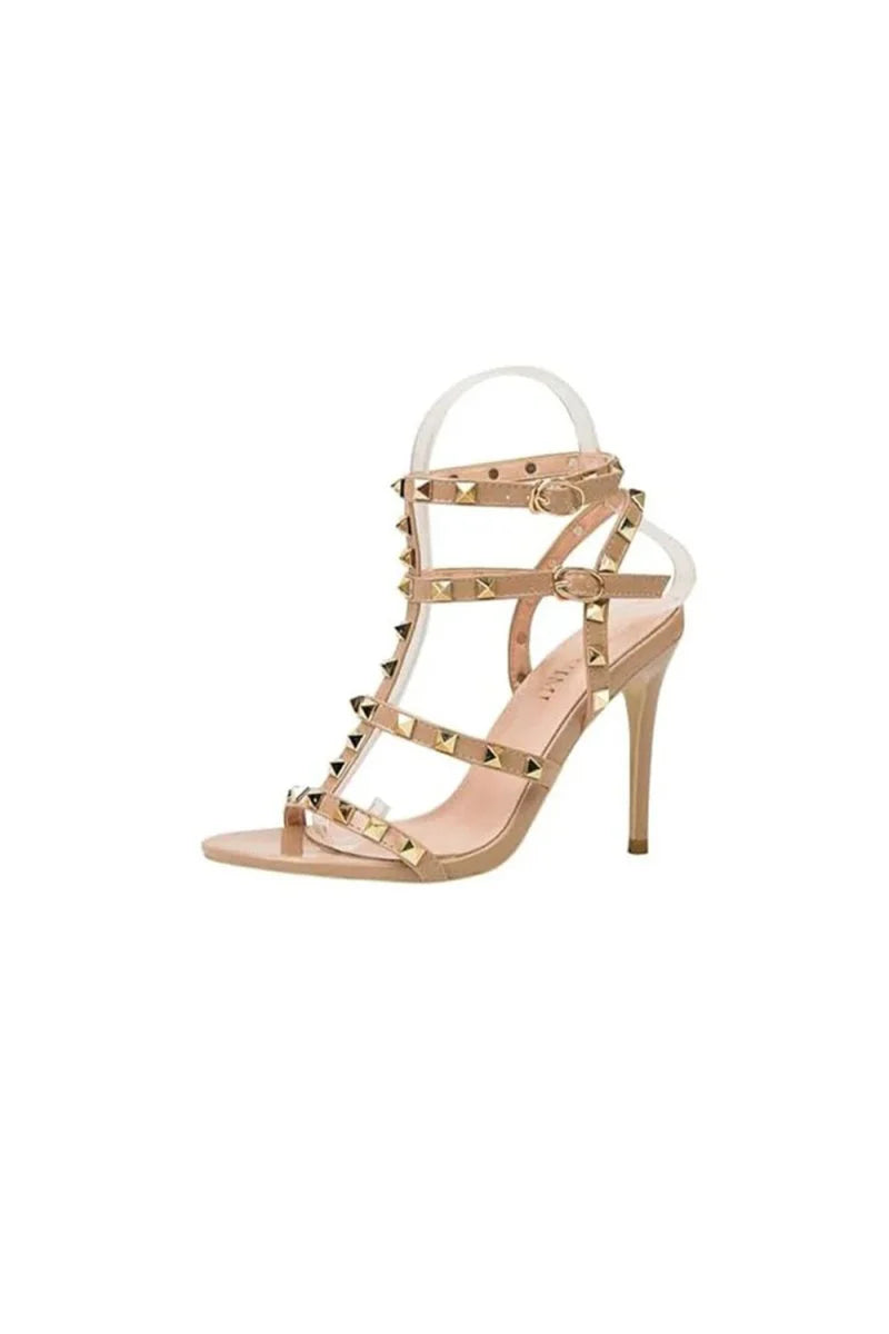 Studded Strappy Leather Open Toe High Heels