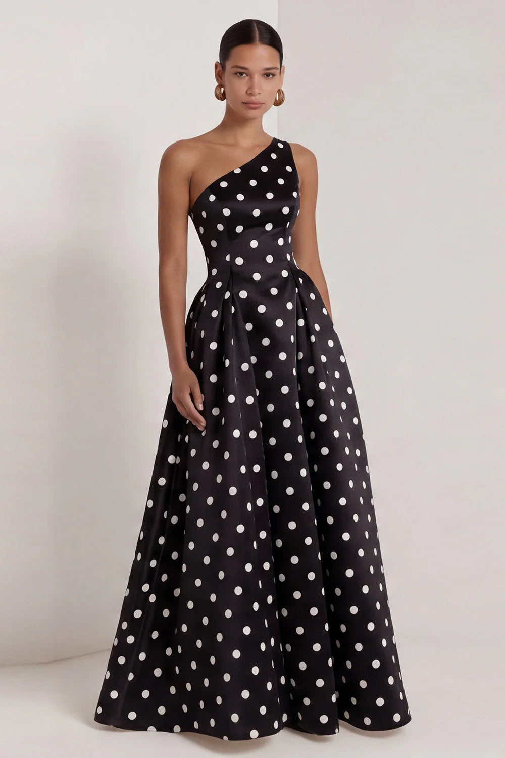 One Shoulder White Black Polka Dot A Line Formal Dress