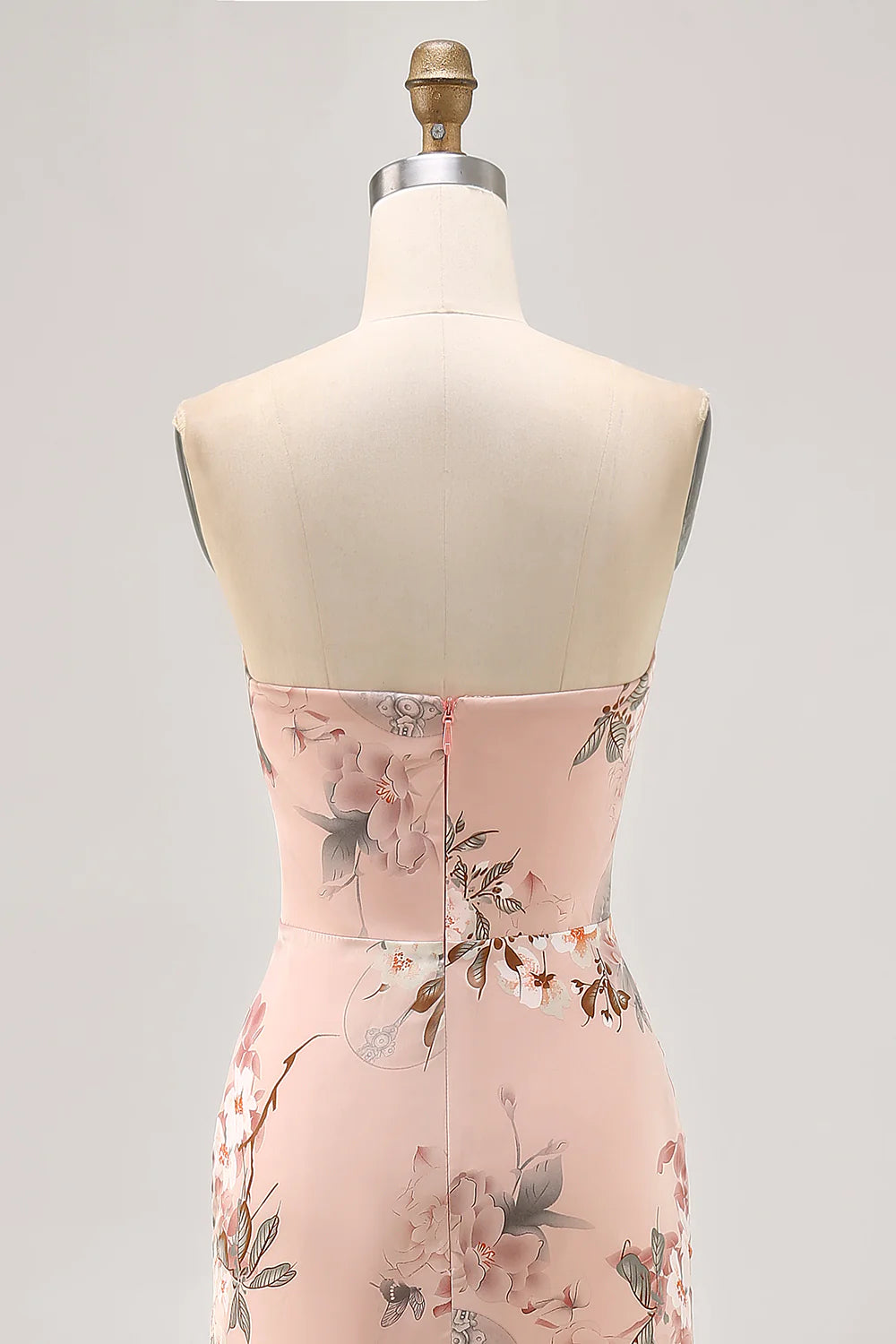 Blush Sheath Strapless Satin Print Long Flower Bridesmaid Dress with Slit