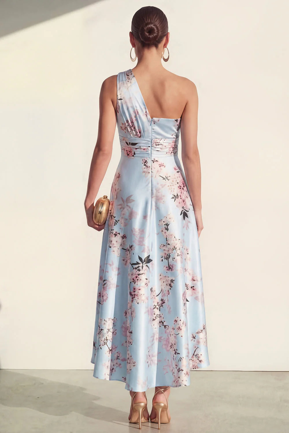 One Shoulder Ruched A Line Pink Printed Wedding Guest Dress