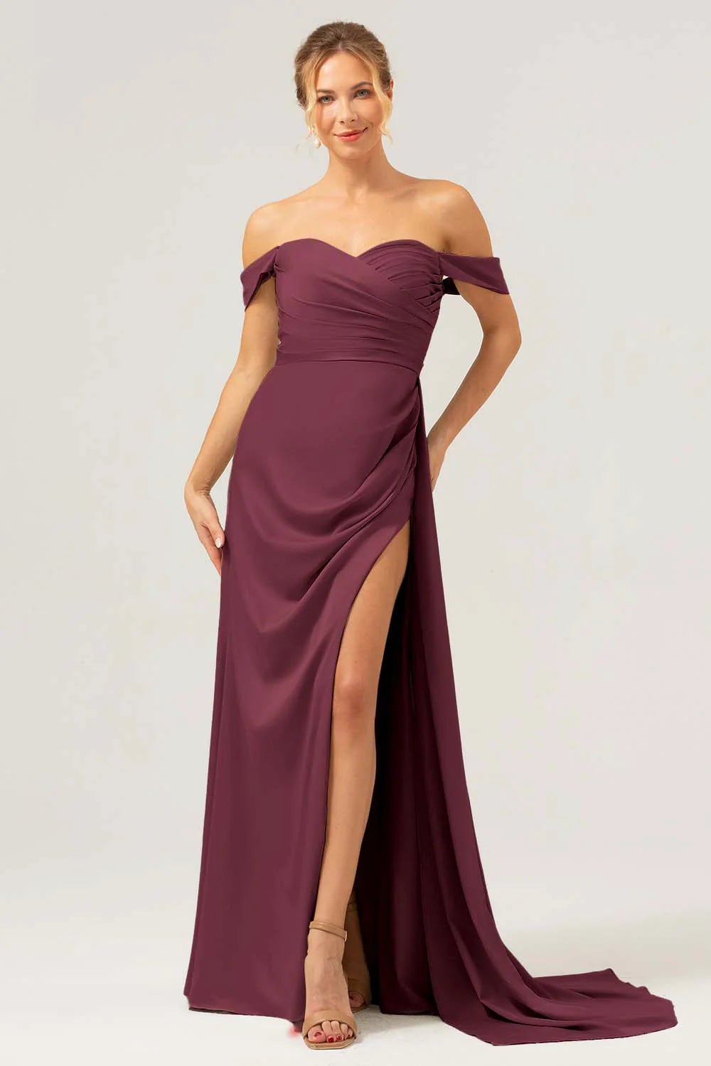 Stylish Dark Green Mermaid Off The Shoulder Pleated Satin Long Bridesmaid Dress with Slit