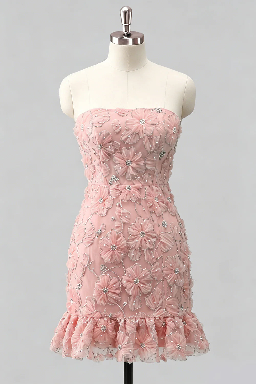 Light Blue Strapless Bodycon Beaded Short Homecoming Dress with 3D Flowers