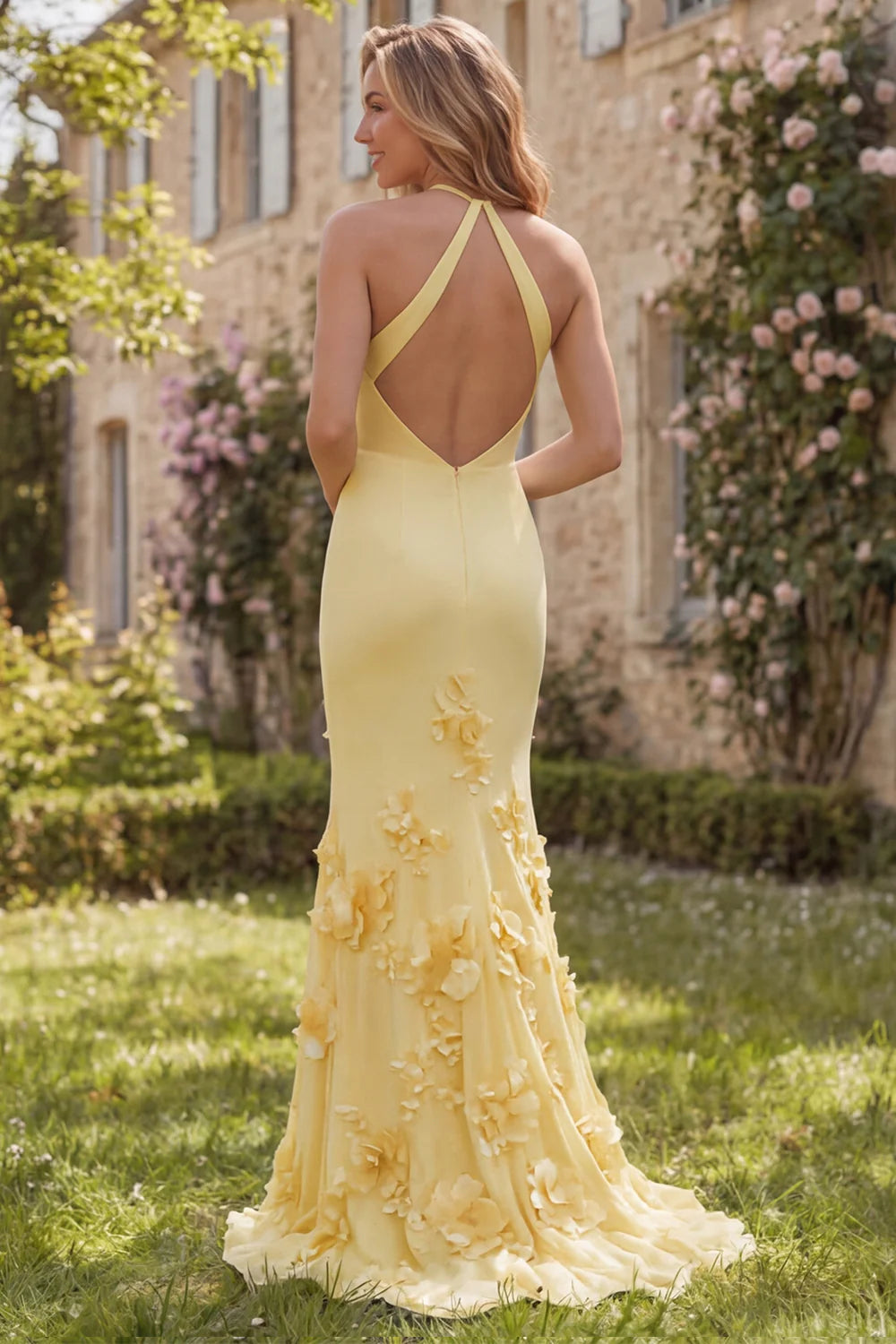 Daffodil Mermaid Halter Long Bridesmaid Dress with 3D Flowers