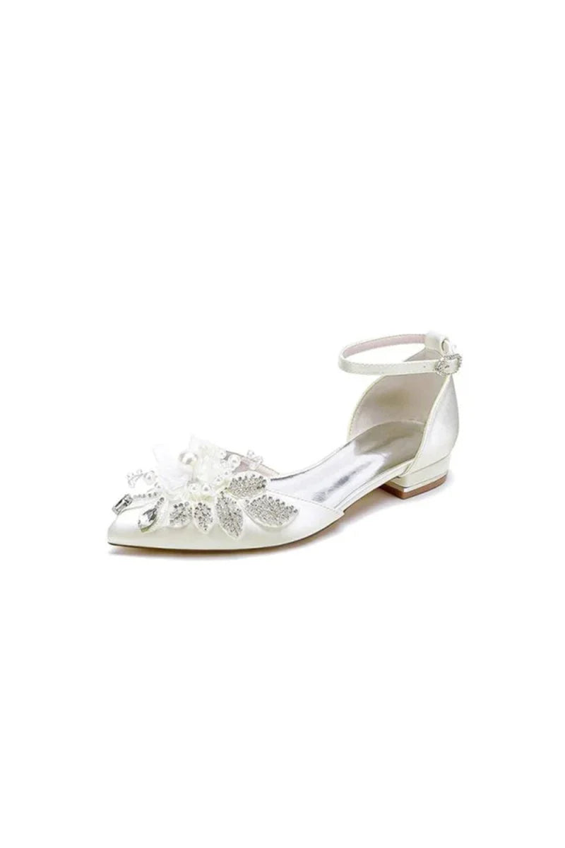 White Pointed Toe Ankle Strap Low Heels with Rhinestone
