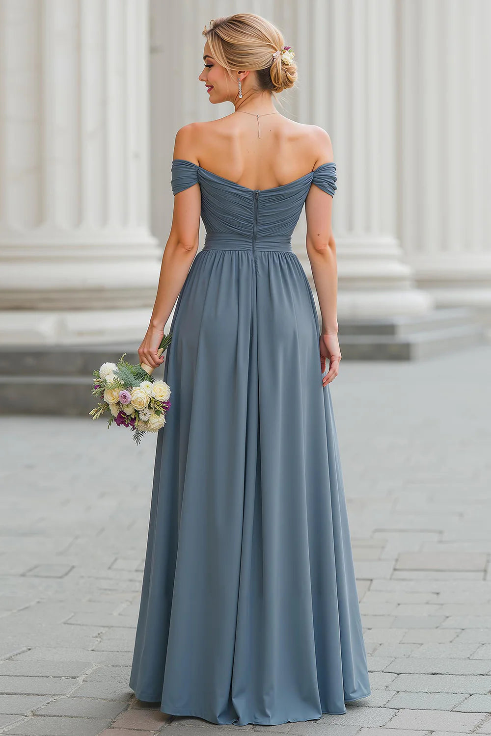 Off The Shoulder Twilight A Line Long Bridesmaid Dress with Slit