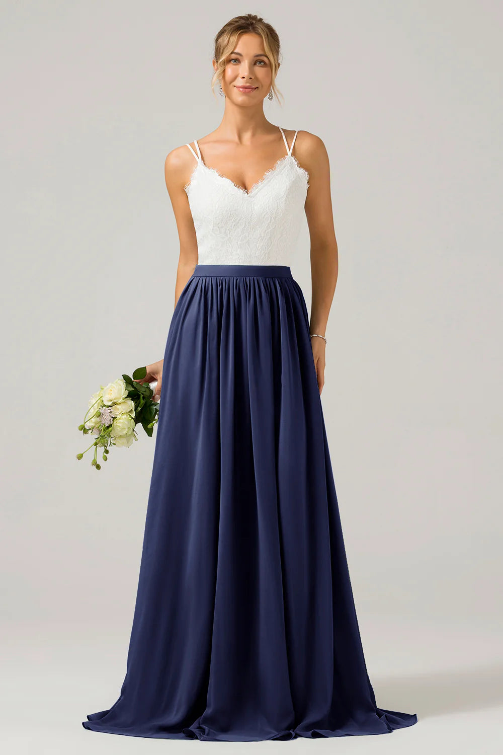 A Line Spaghetti Straps Pleated Long Bridesmaid Dress With Lace